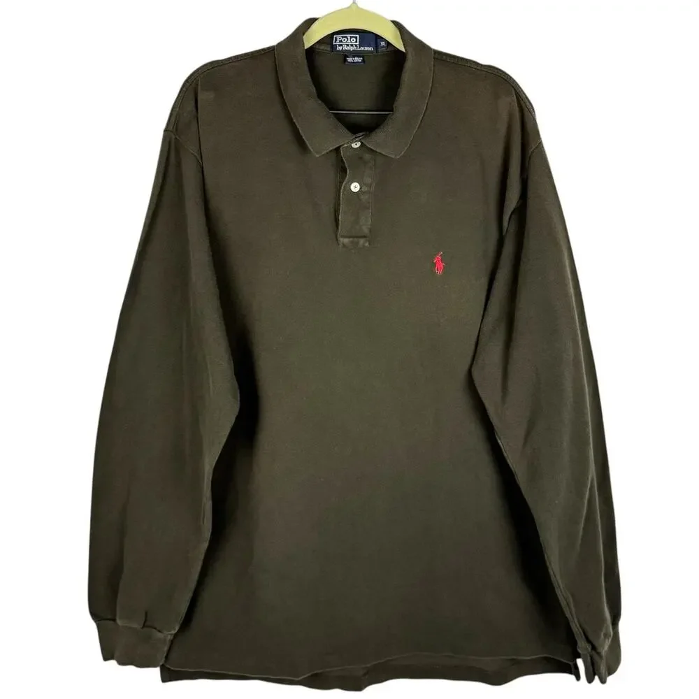 Polo‎ Ralph Lauren Green Cotton Classic Fit Collared Long Sleeve Top XL Vintage